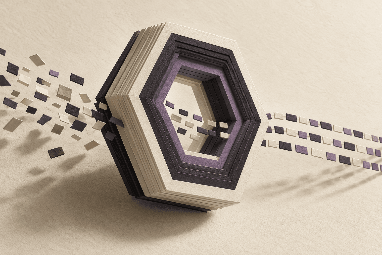 A layered ivory, graphite, and violet paper hexagon organizes scattered fragments into ordered streams.
